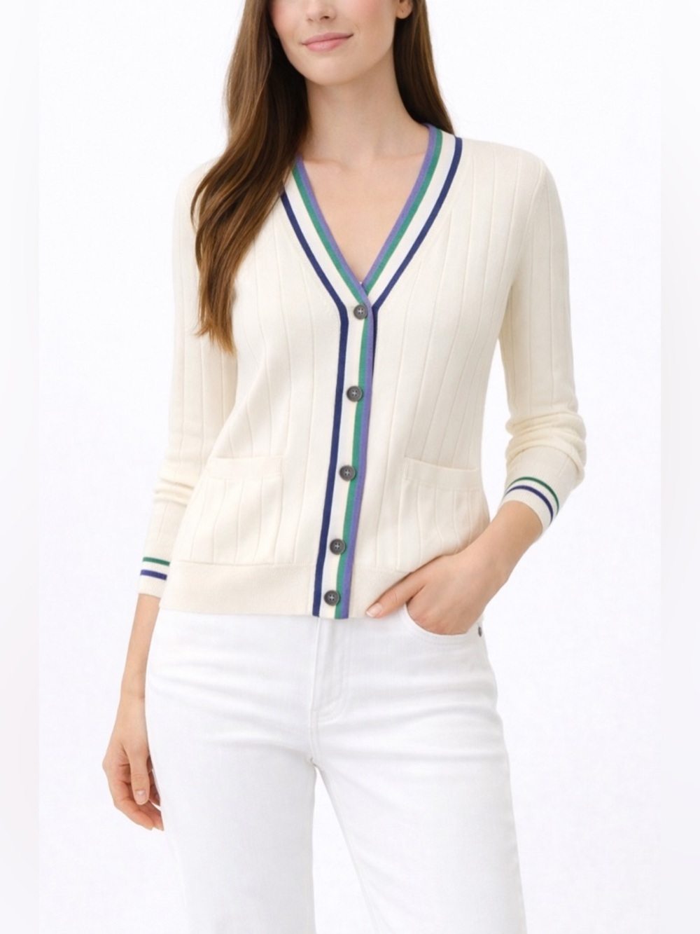 KULE Binx Striped Trim Cotton Cardigan Cream M NWOT